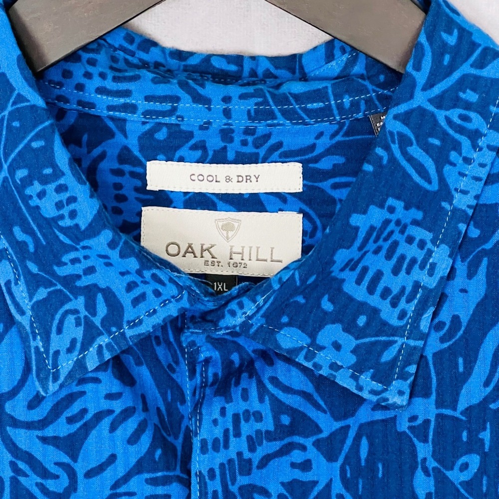 Oak Hill Mens 1XL Blue Tropical Floral Cool & Dry Short Sleeve Button Down Shirt